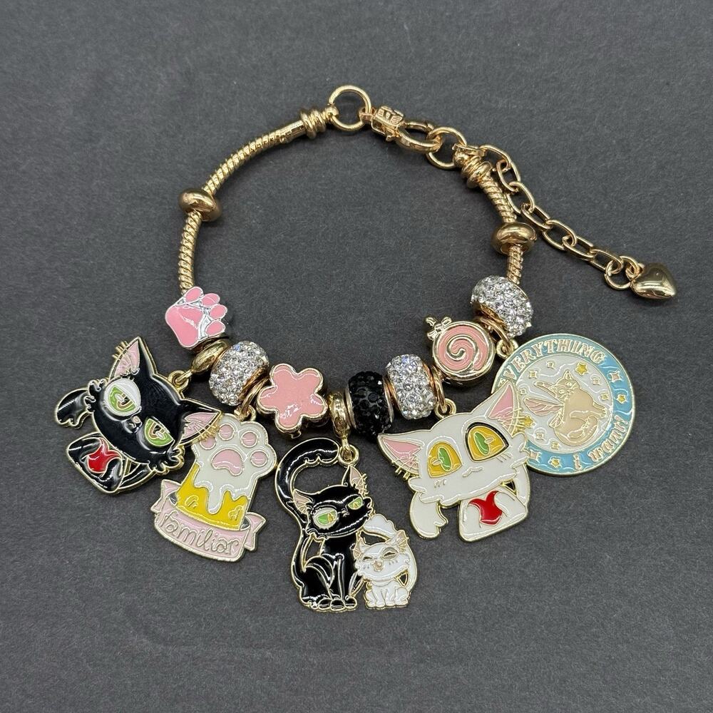Kawaii Anime Black & White Cat Enamel Charm Bracelet Gold-Tone Slide Beads Cute